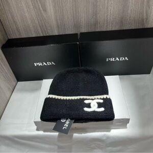 CHANEL Black Beanie with White Logo